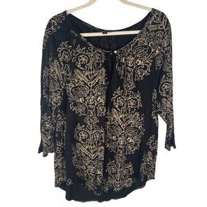 Lucky Brand Black Cream Floral keyhole Tunic Top L Rayon Womens Boho 3/4 Sleeve